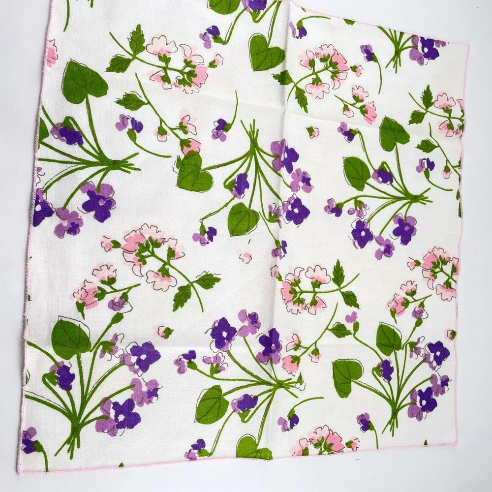 Vera Neumann 60-70s Floral Napkins x8 Crisp Vibrant Purple Violets Pink Edge Tag
